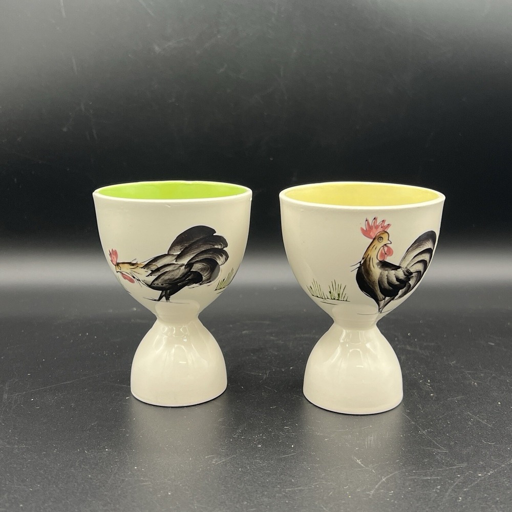 VTG Egg Cups Easter Hand Painted Japan - Rooster and Hen Chicken‎